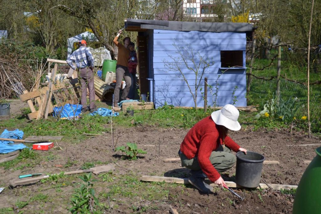 Gemeinschaftsgarten im Sommer mit blauem Gartenhaus und Gärtnerin mit Hut
