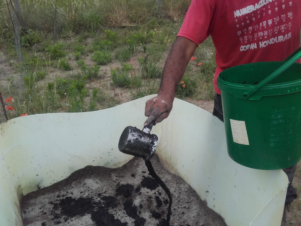 Roberto gießt Biokohle-Imo Lösung in den Container mit Kompost und Tonerde
