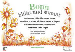 Bonn blüht und summt-Schild mit roten Blüten, Insekten 