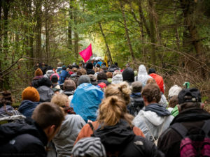 Viele Aktivistinnen auf einem engen Waldweg