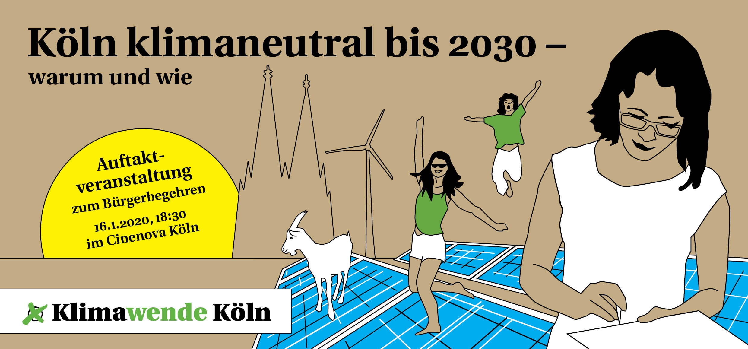 Grafik Köln Klimaneutra, Windräder und Solarpanels, 