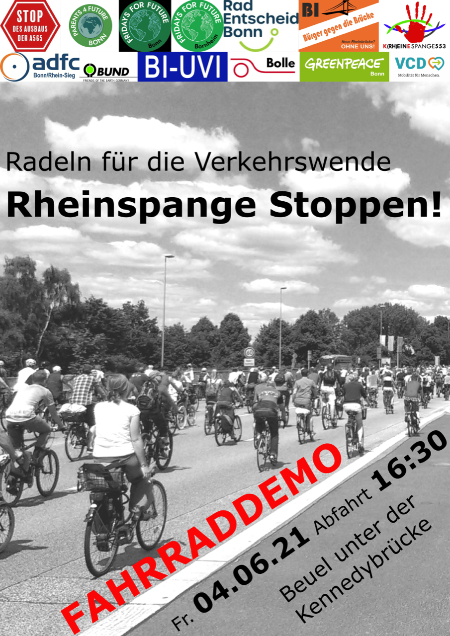 Fahrraddemo: Radeln für die Verkehrswende - Rheinspange A553 stoppen