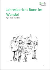 Titelseite des Jahresberichtes von Bonn im Wandel 2020 bis 2021 mit Zeichnung von einer Demo der Fridays4Future
