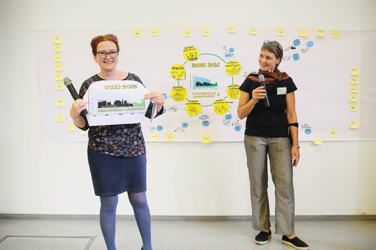 Oberbürgermeisterin Katja Dörner mit Grafik für Klimaneutrales Bonn und Gesa Maschkowski, Bonn im Wandel