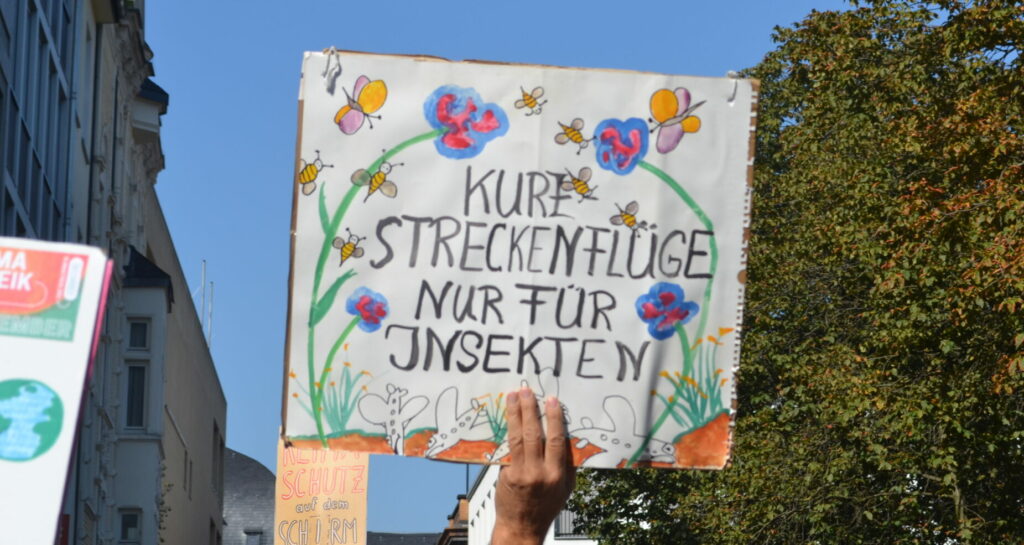 Demoschild mit der Aufschrift: Kurzstreckenflücke nur für Insekten