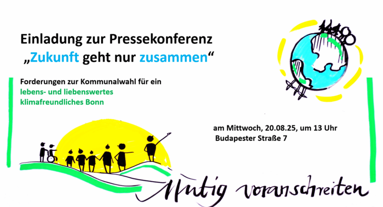 Menschen vor einem Sonnenaufgang zeigen zu einer grünblauen Weltkugel. Darüber steht Zukunft geht nur Zusammen, Forderungen für ein liebens- und lebenswertes Klimaneutrales Bonn. Darunter steht Mutig Voranschreiten