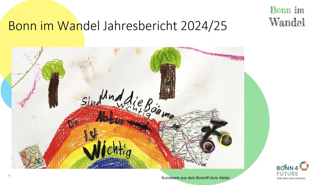 Das Titelbild des Bonn im Wandel Jahresberichtes 24-25 zeigt eine bunte Kinderzeichnung mit Regenbogen und Bäumen