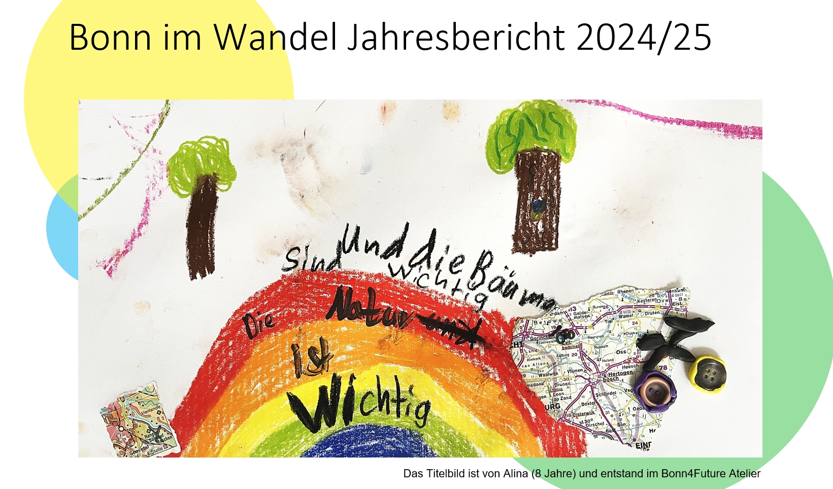 Titelseite des Bonn im Wandel Jahresbericht mit Kinderzeichnung von einem Regenbogen und Bäumen aus dem Bonn4fFuture Pop Up Atelier
